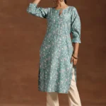 Blue Printed Silk Straight Kurta