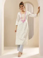 Off White Embroidered Cotton Straight Kurta - Image 4