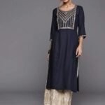 Navy Blue Yoke Design Rayon Straight Kurta