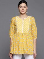 Yellow Printed Cotton A-Line Kurti - Image 2
